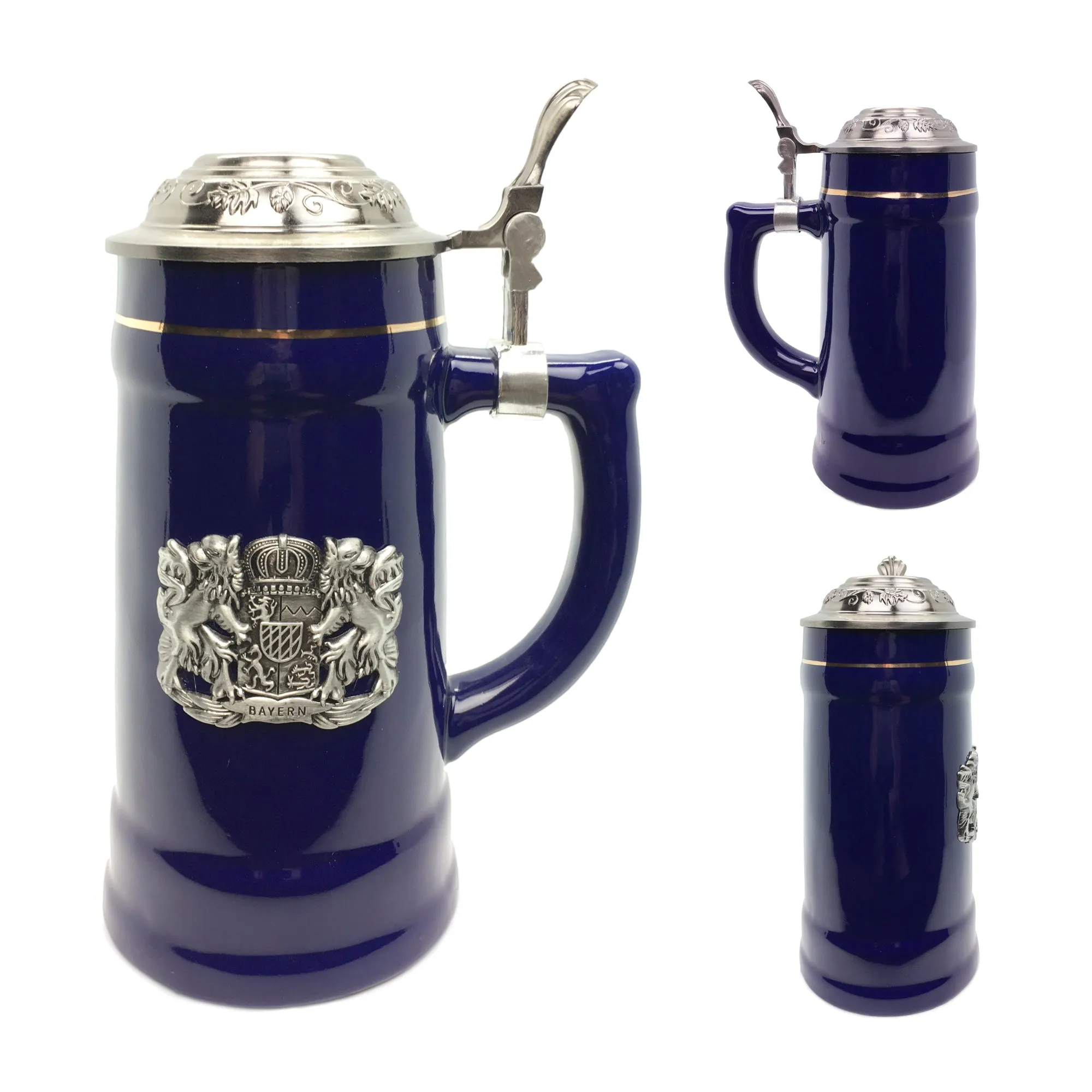 .75L Bayern Cobalt Blue Medallion Lidded German Beer Stein