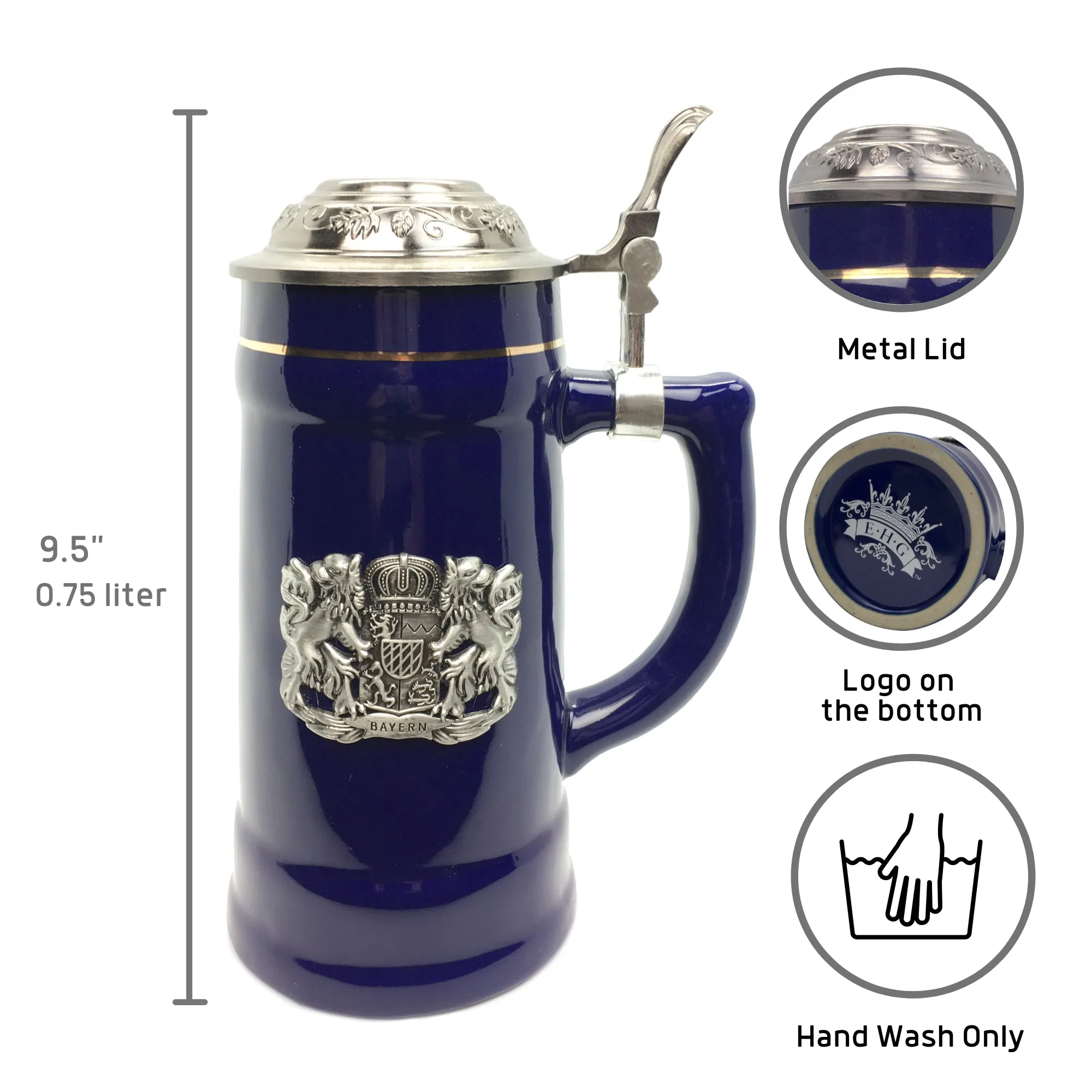 .75L Bayern Cobalt Blue Medallion Lidded German Beer Stein
