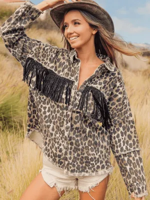 *APP EXCLUSIVE* Leopard Fringe Detail Collared Neck Denim Jacket