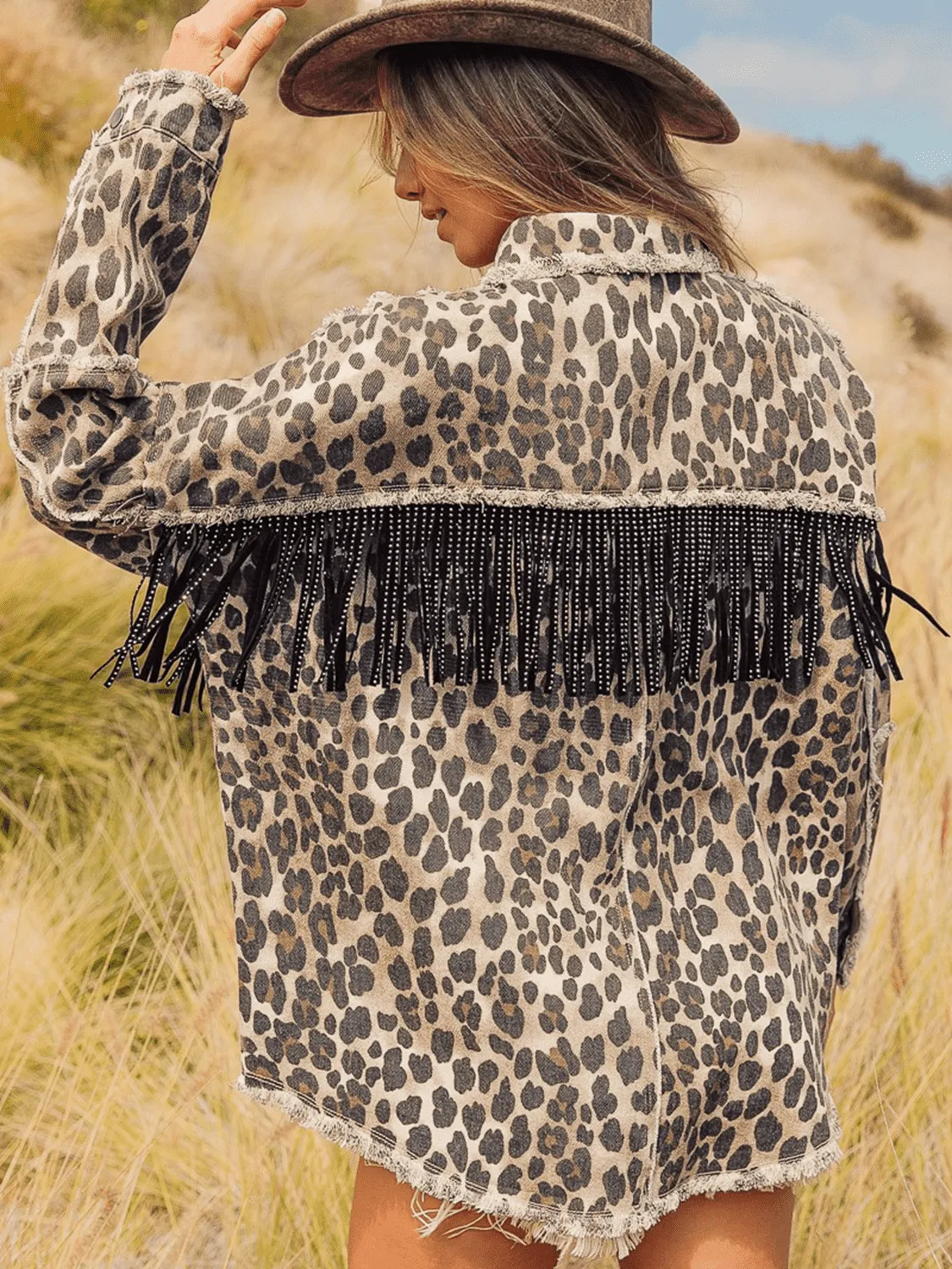 *APP EXCLUSIVE* Leopard Fringe Detail Collared Neck Denim Jacket