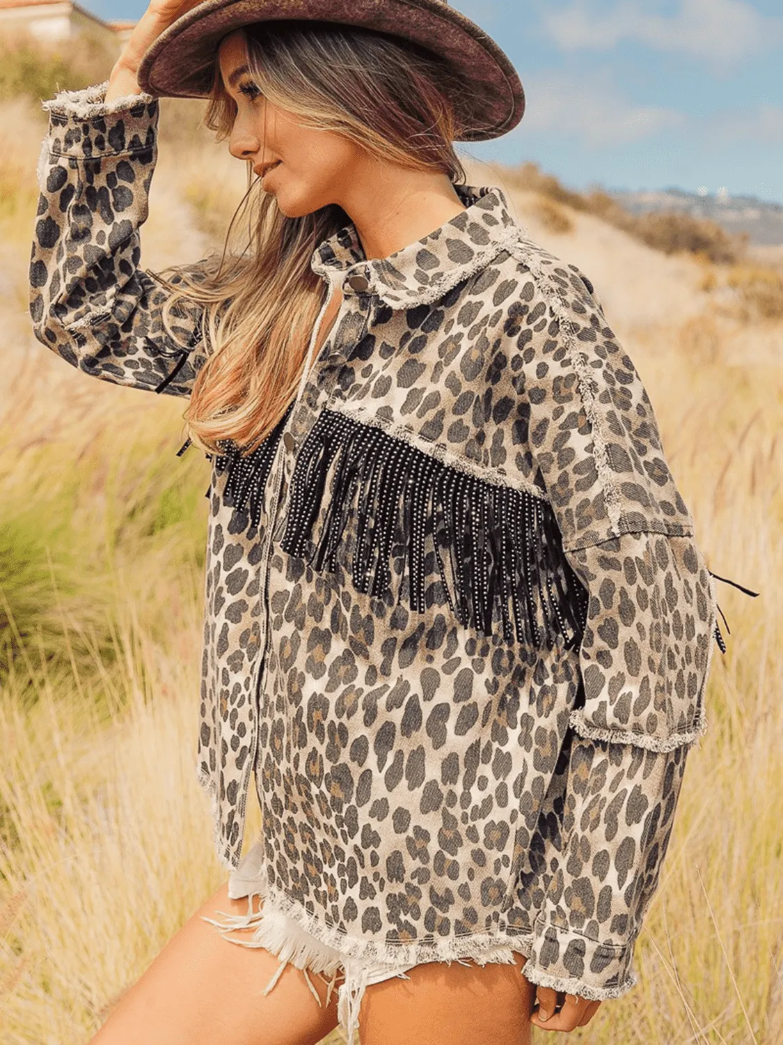 *APP EXCLUSIVE* Leopard Fringe Detail Collared Neck Denim Jacket
