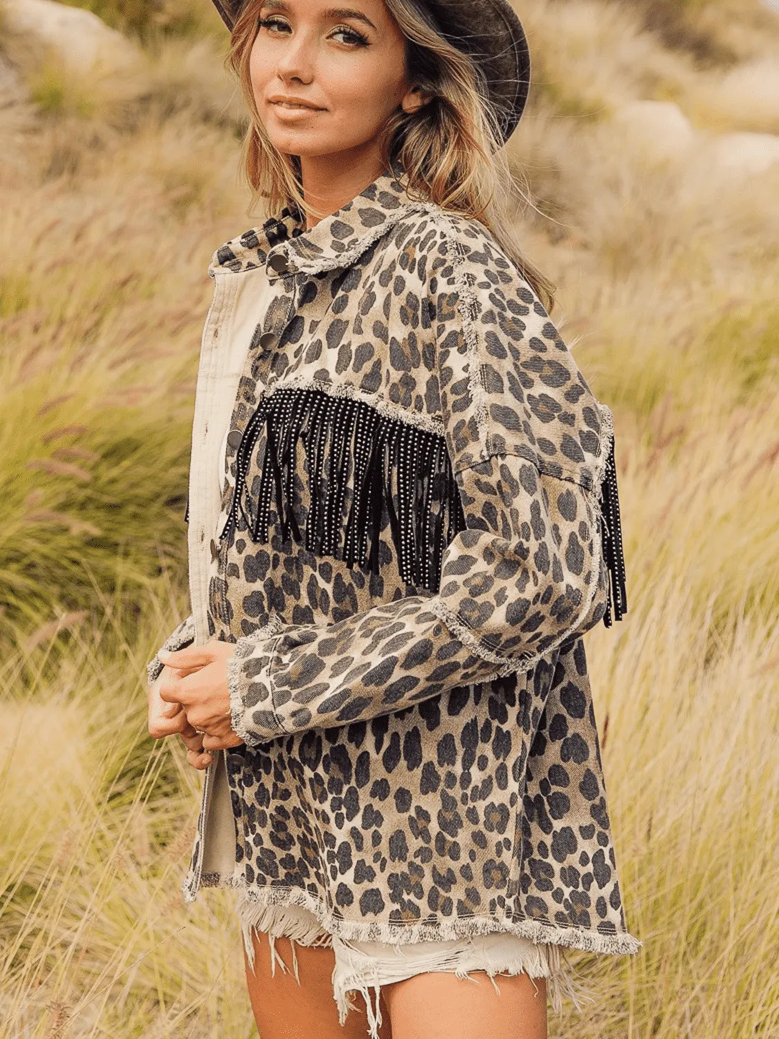 *APP EXCLUSIVE* Leopard Fringe Detail Collared Neck Denim Jacket