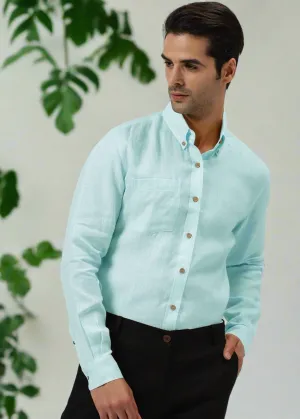Austin - Pure Linen Button Down Full Sleeve Shirt - Cyan Blue