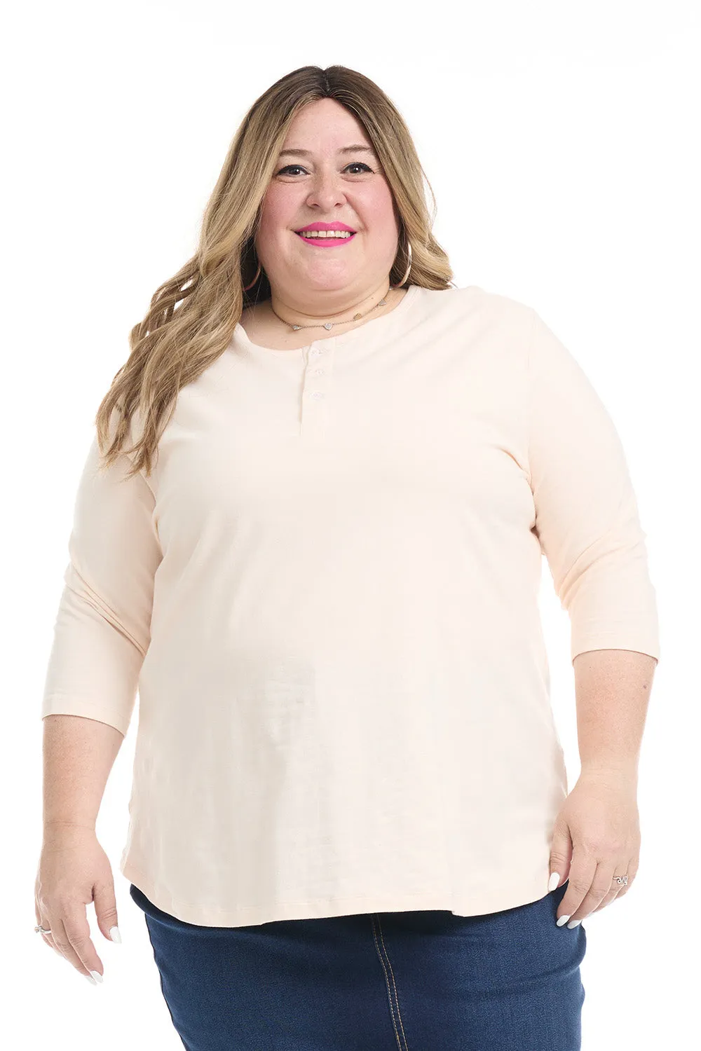 Beige 3/4 Sleeve Cotton Henley Shirt for Women