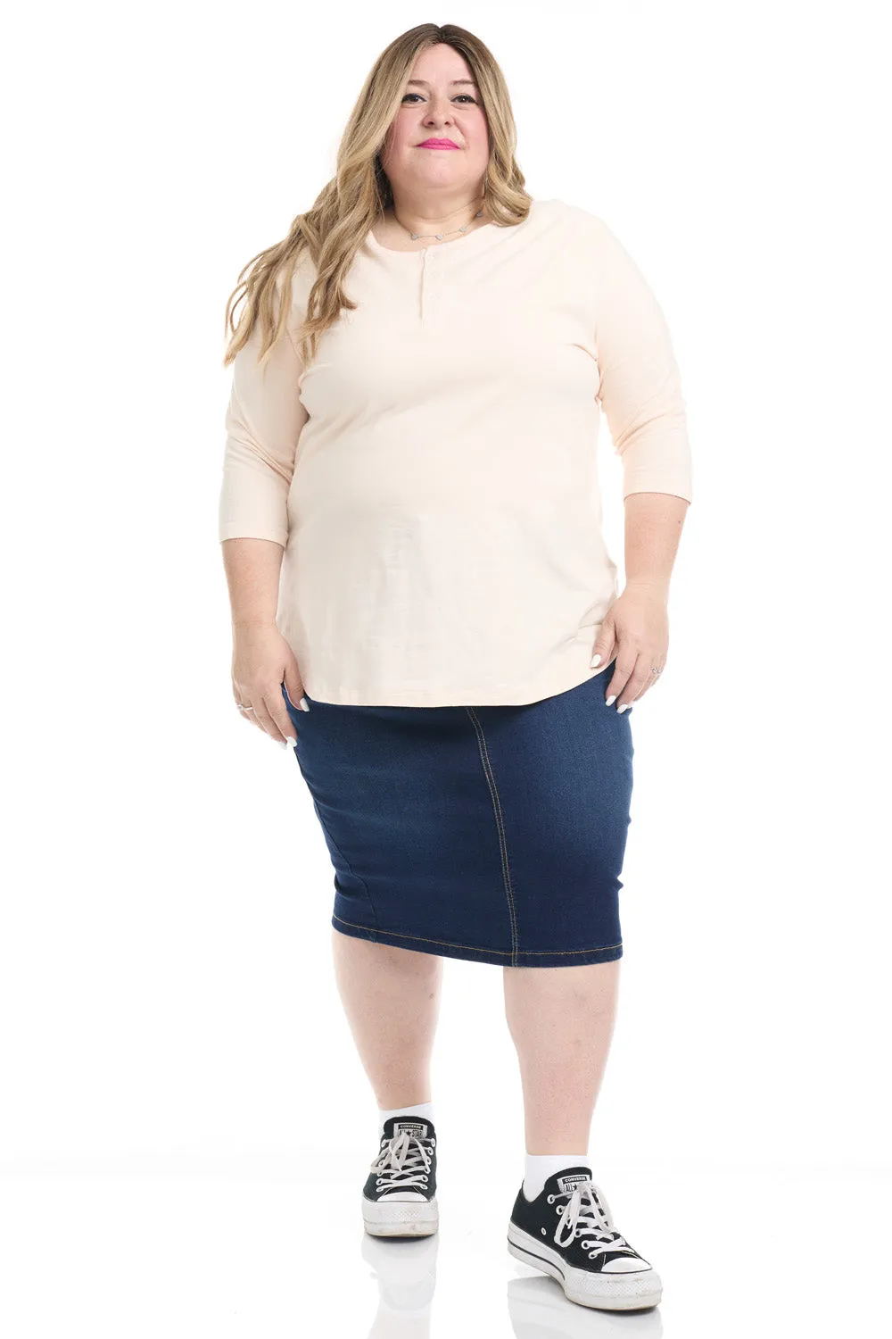 Beige 3/4 Sleeve Cotton Henley Shirt for Women