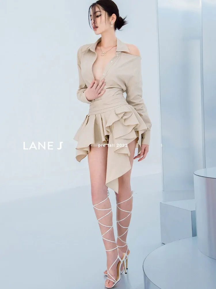 Beige Autumn new long-sleeved ruffled waist up and down suits- Delia