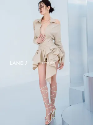 Beige Autumn new long-sleeved ruffled waist up and down suits- Delia