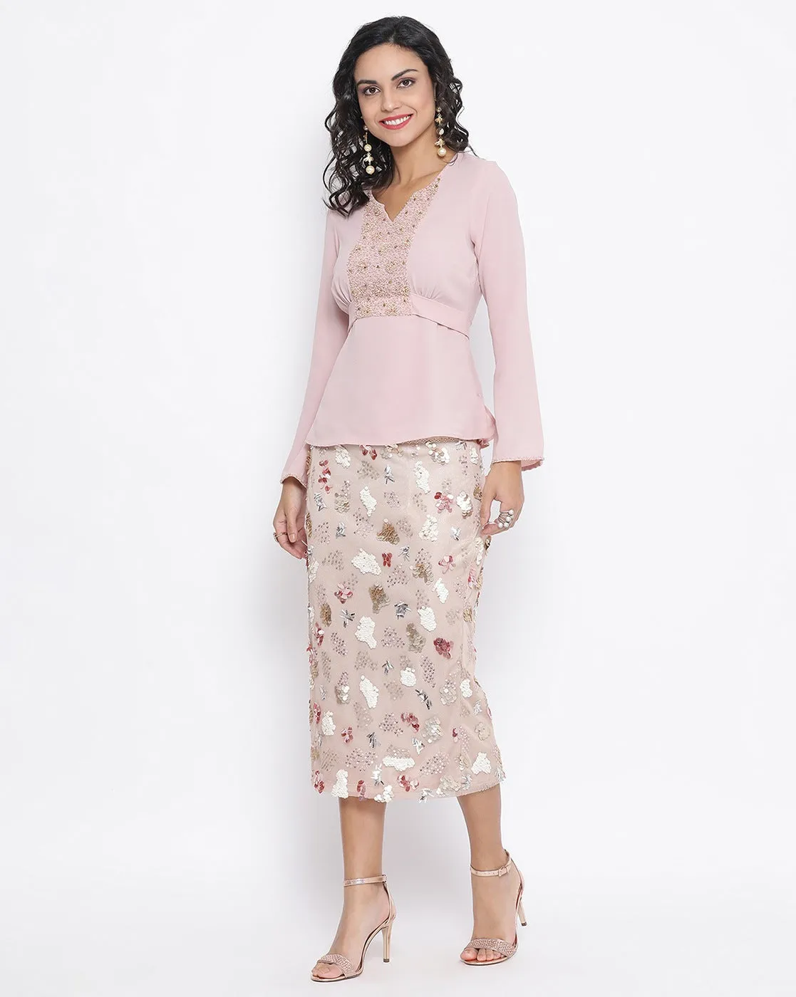 Beige Net Skirt With Multicoloured Embroidery