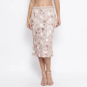 Beige Net Skirt With Multicoloured Embroidery