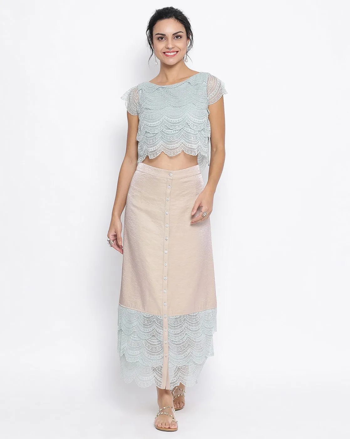 Beige Skirt With Scallop Lace At Hem