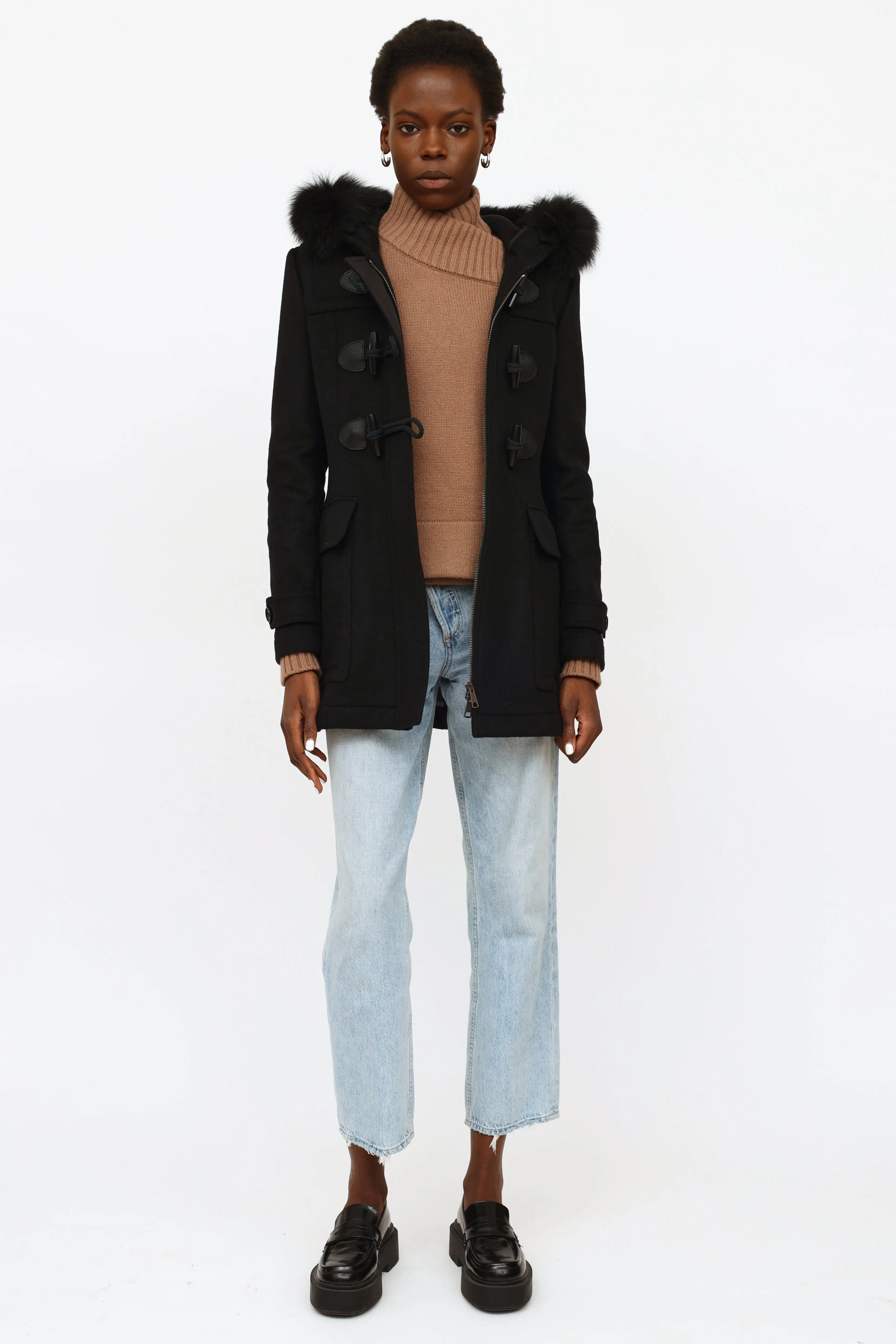 Black Fur Trim Toggle Coat