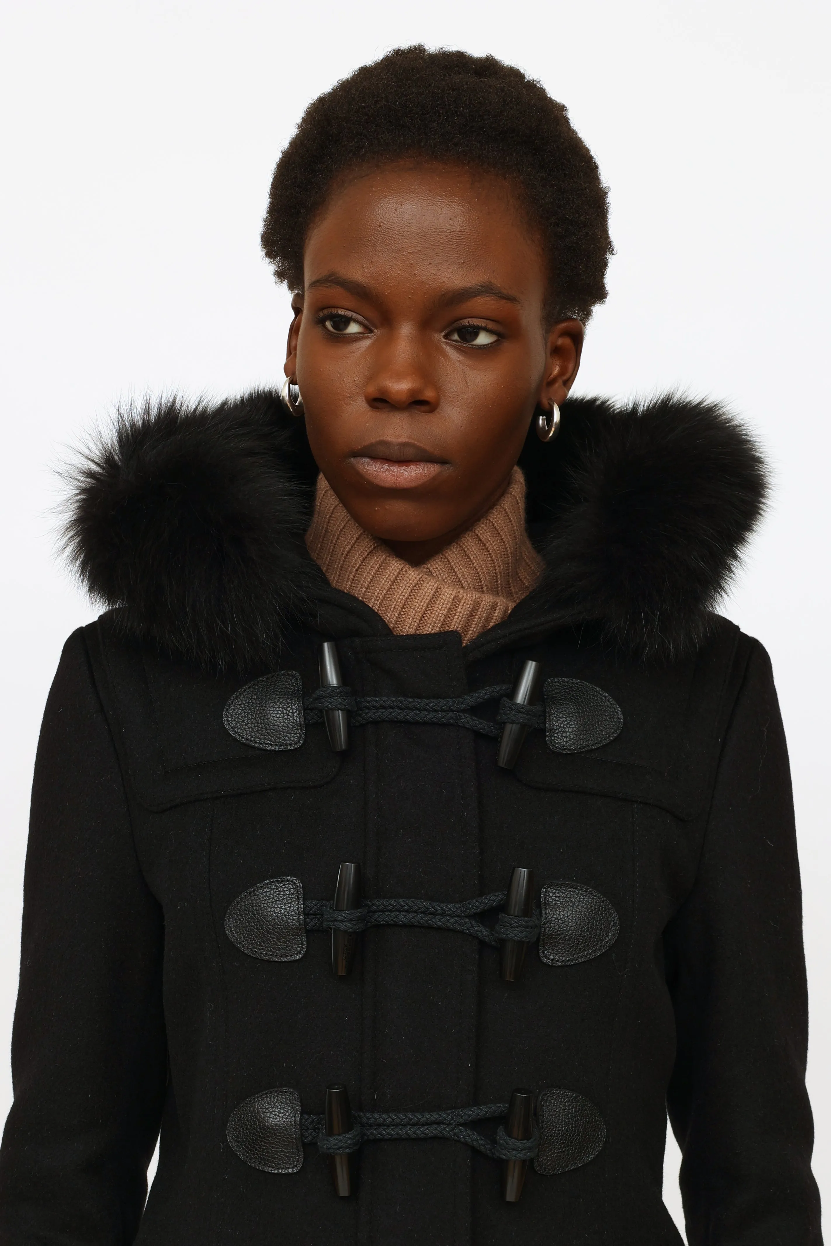 Black Fur Trim Toggle Coat