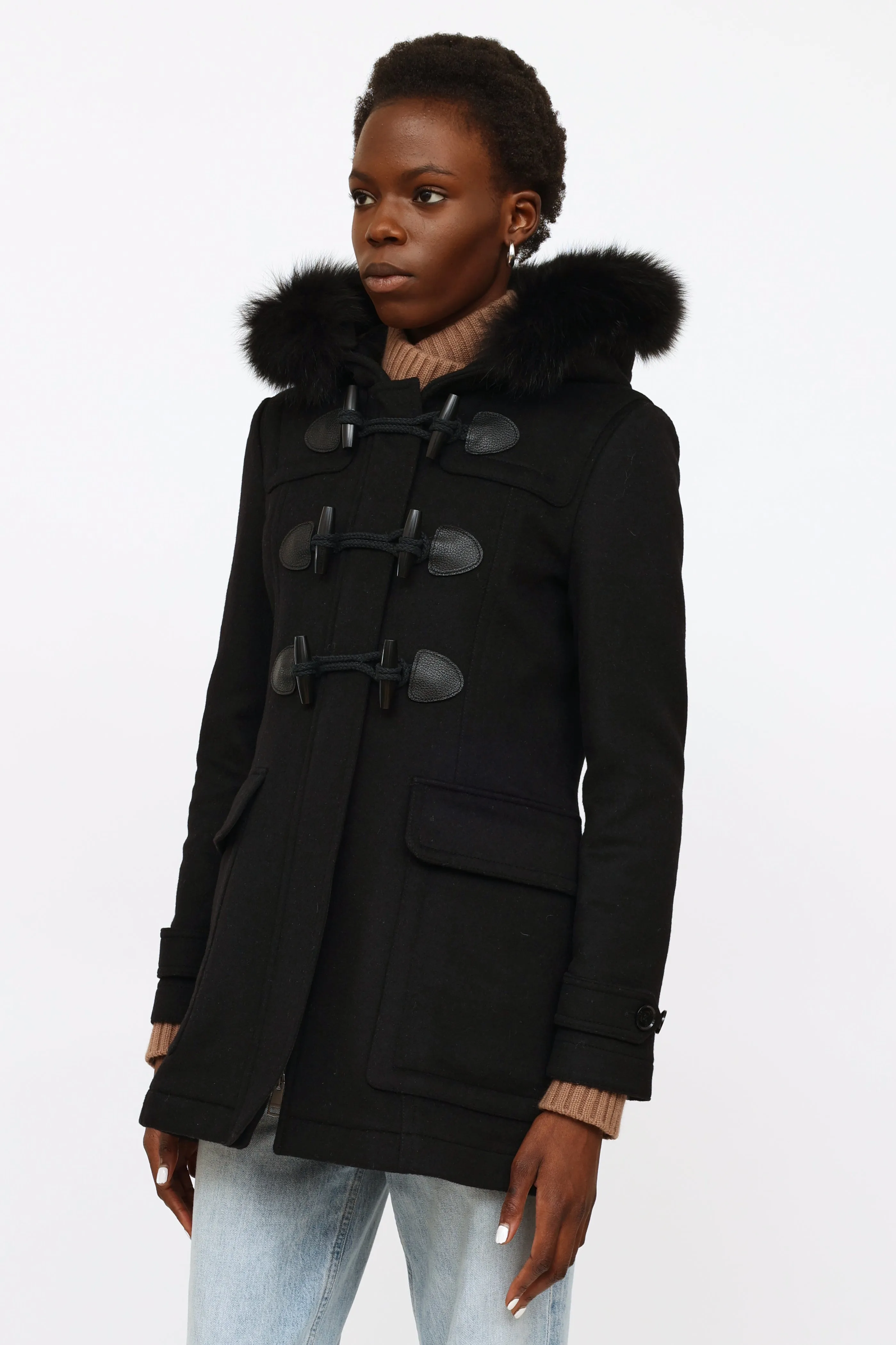 Black Fur Trim Toggle Coat