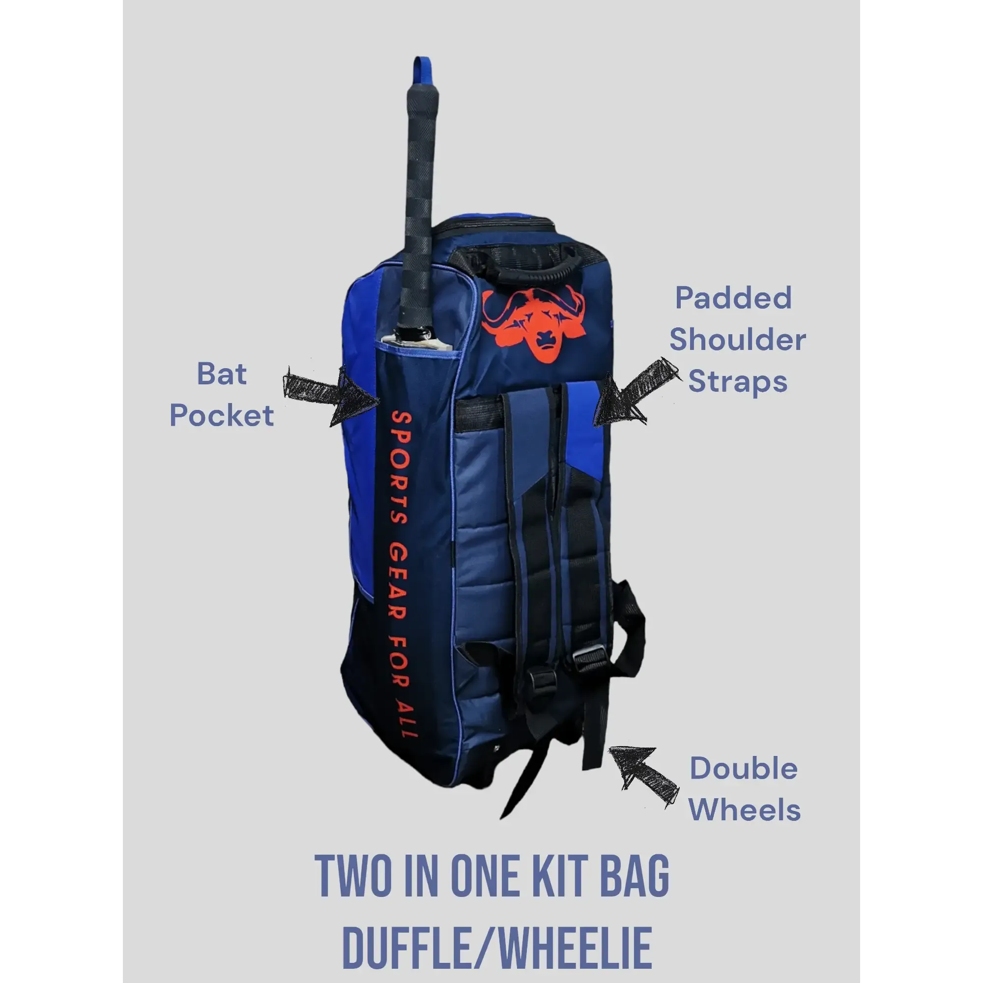 Bratla Pro Cricket Kit Bag Duffle Wheelie for Junior Cricketers Navy/Blue