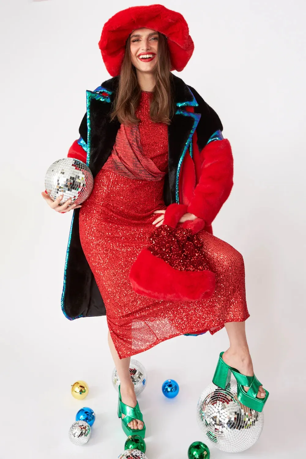 Buy Me Fur - Women's Red Faux Fur Coat with Sequin Trim