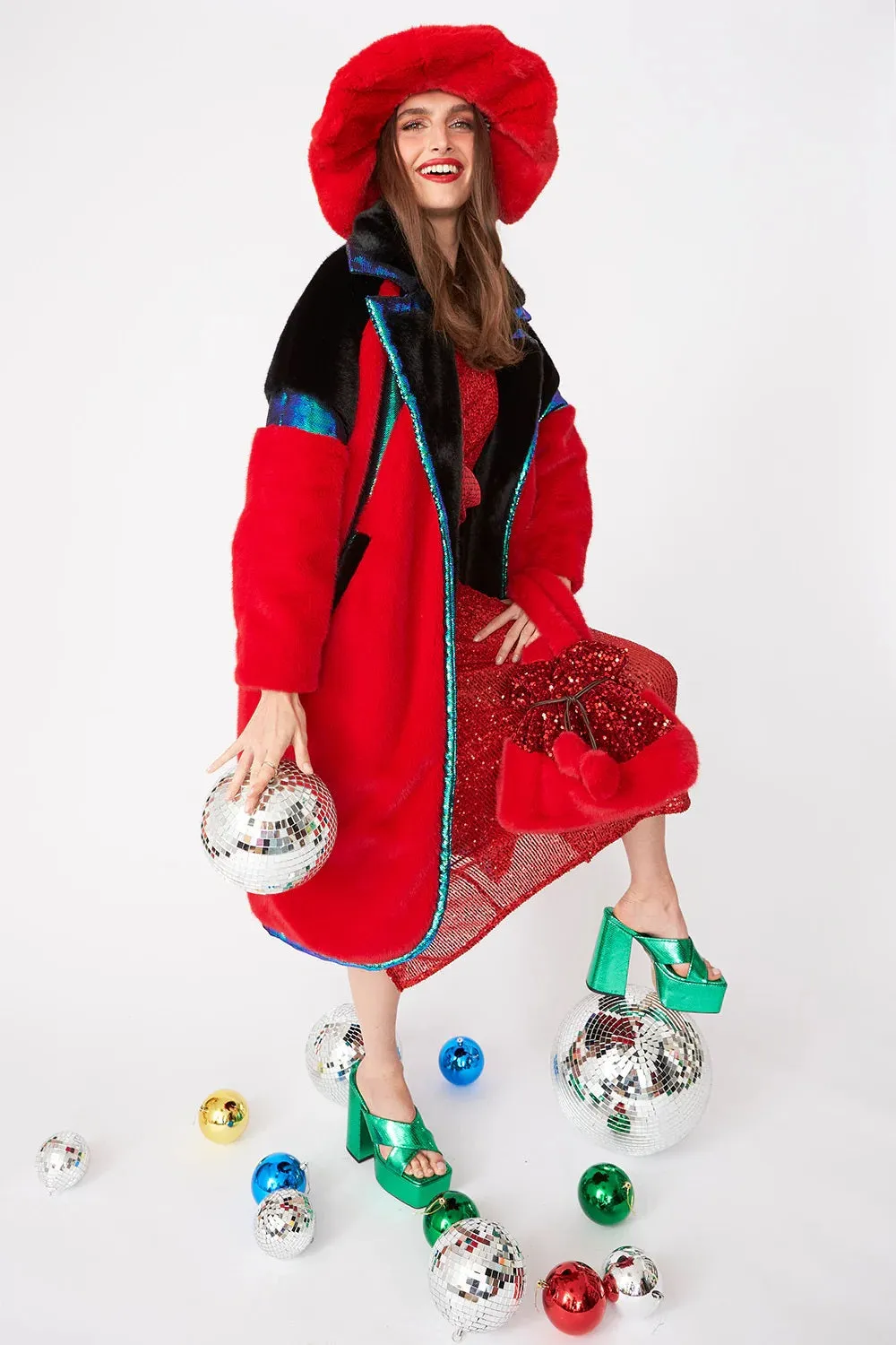 Buy Me Fur - Women's Red Faux Fur Coat with Sequin Trim