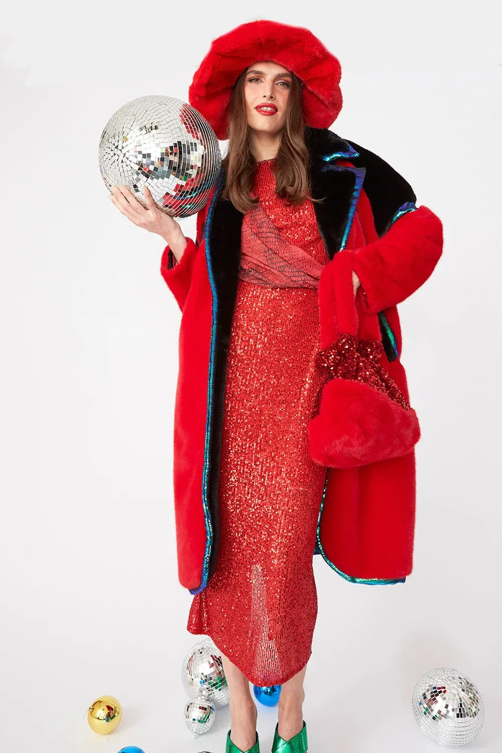 Buy Me Fur - Women's Red Faux Fur Coat with Sequin Trim