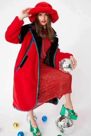 Buy Me Fur - Women's Red Faux Fur Coat with Sequin Trim