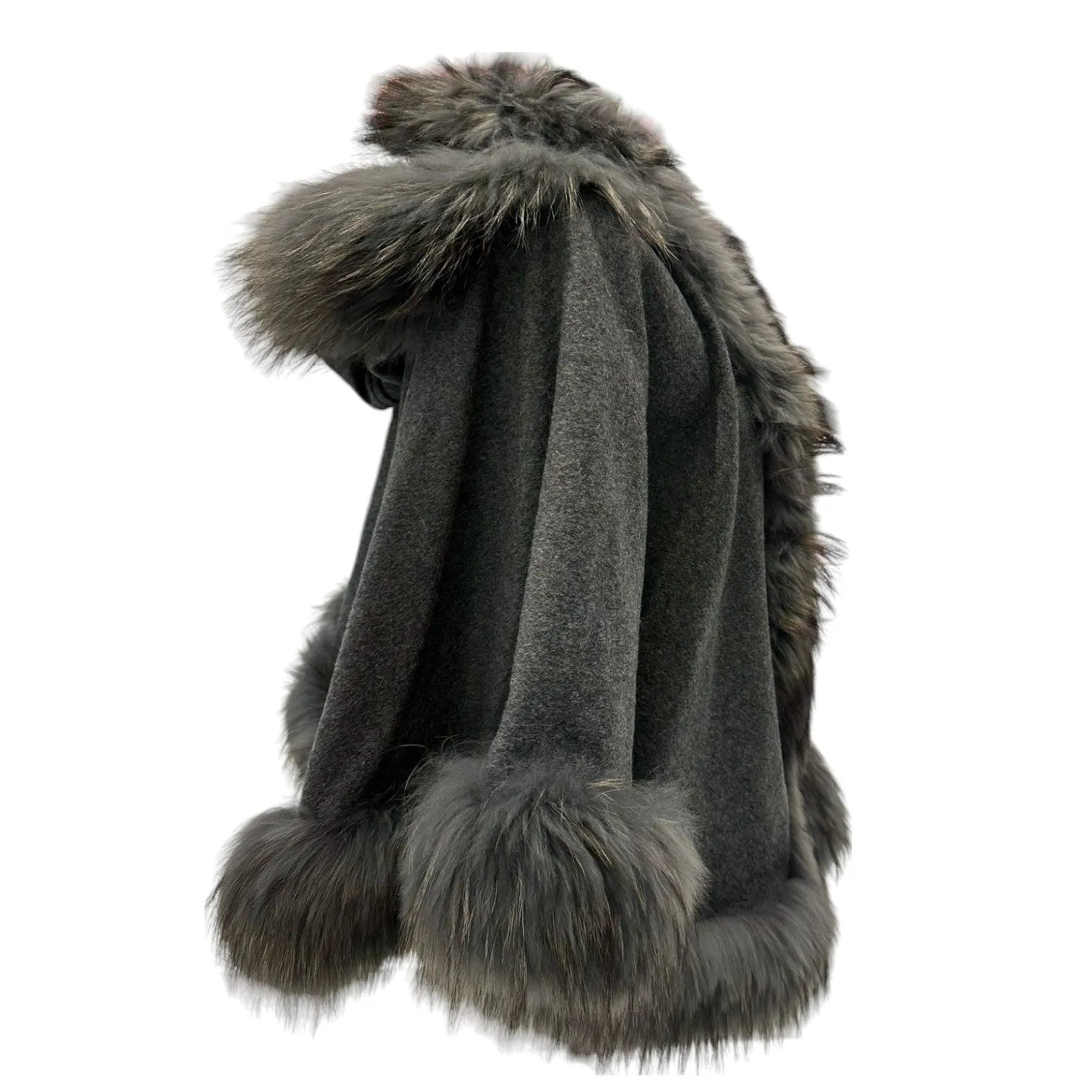 Cape Coat Wrap Fox Fur Trim Cashmere Grey