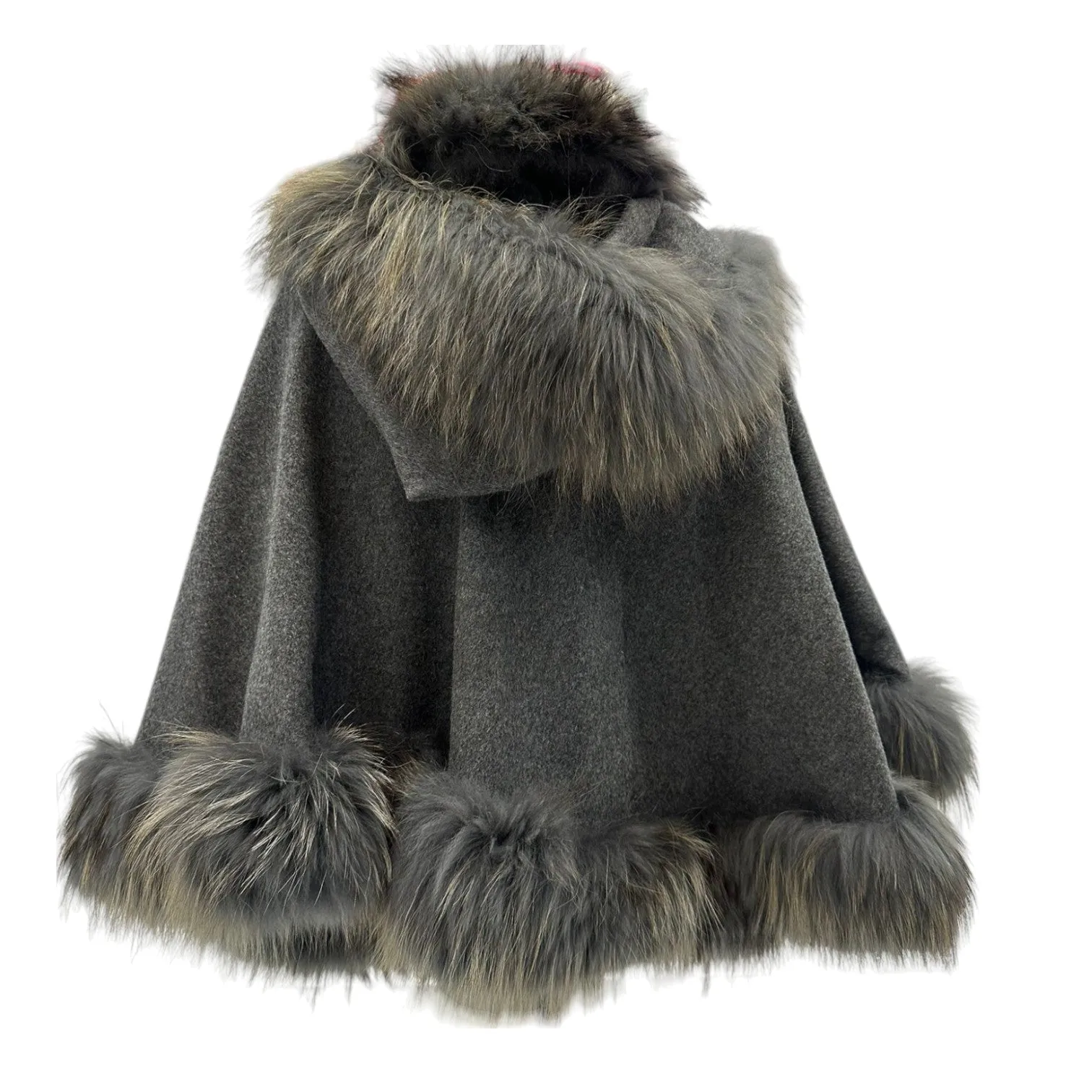 Cape Coat Wrap Fox Fur Trim Cashmere Grey
