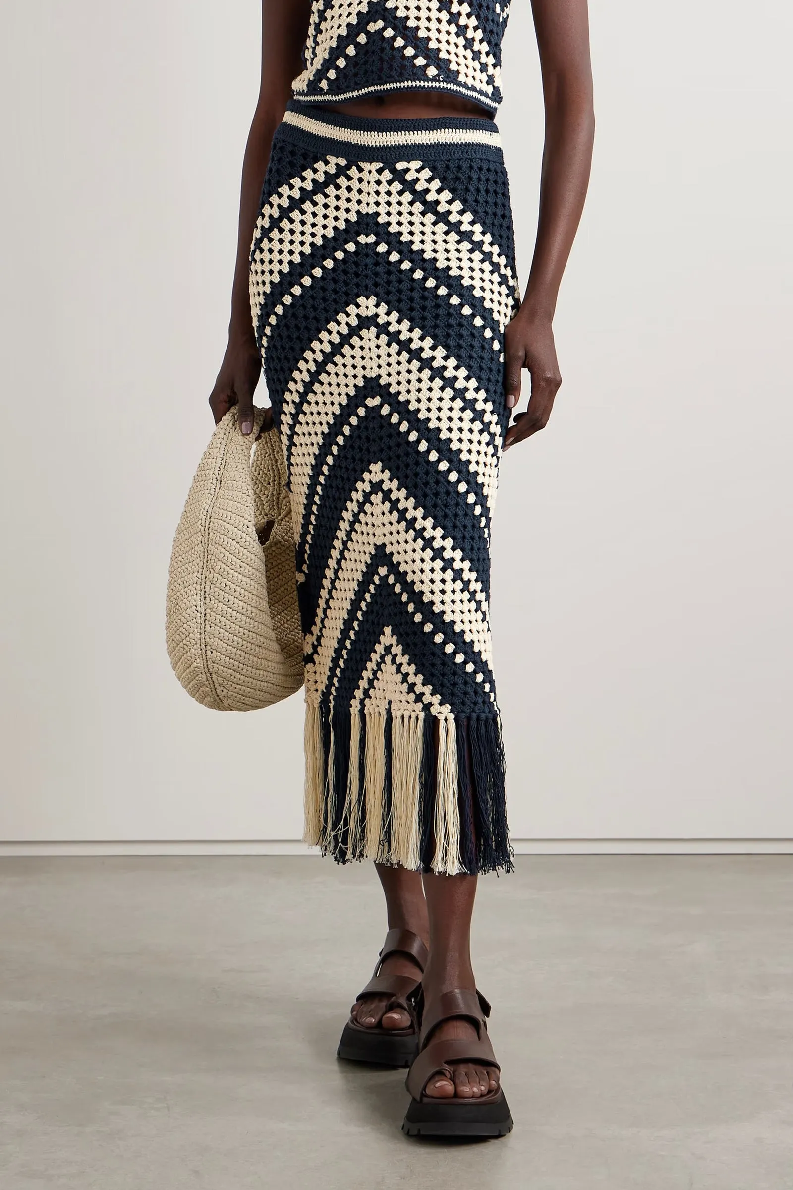 Chintz Fringed Crocheted Cotton Midi Skirt