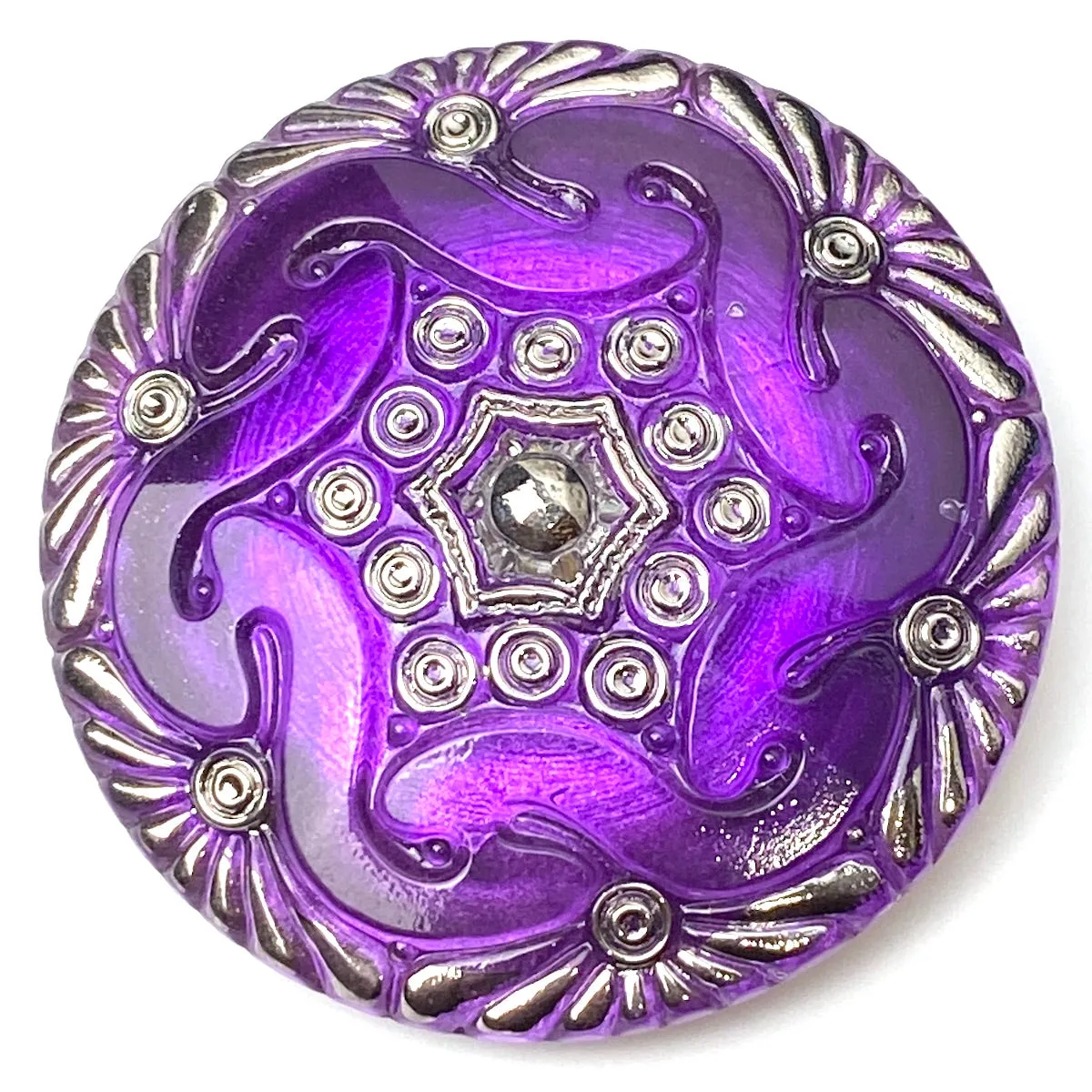 Dark Purple Large Deco Hexagon Czech Glass Button Handpainted by Susan Clarke, 1-5/8", #SC885H