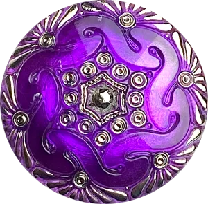 Dark Purple Large Deco Hexagon Czech Glass Button Handpainted by Susan Clarke, 1-5/8", #SC885H