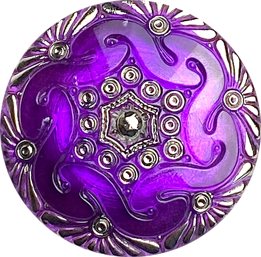 Dark Purple Large Deco Hexagon Czech Glass Button Handpainted by Susan Clarke, 1-5/8", #SC885H