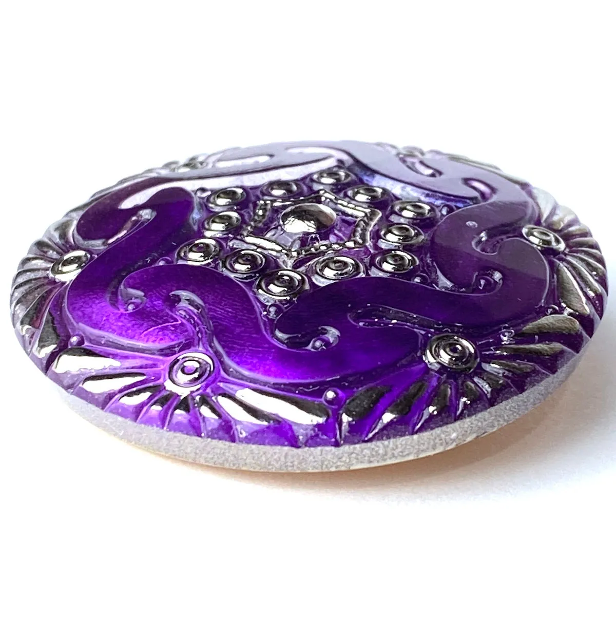 Dark Purple Large Deco Hexagon Czech Glass Button Handpainted by Susan Clarke, 1-5/8", #SC885H