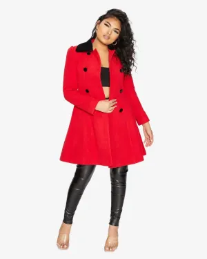 De La Creme Womens Double Breasted Velvet Trim Skater Coat