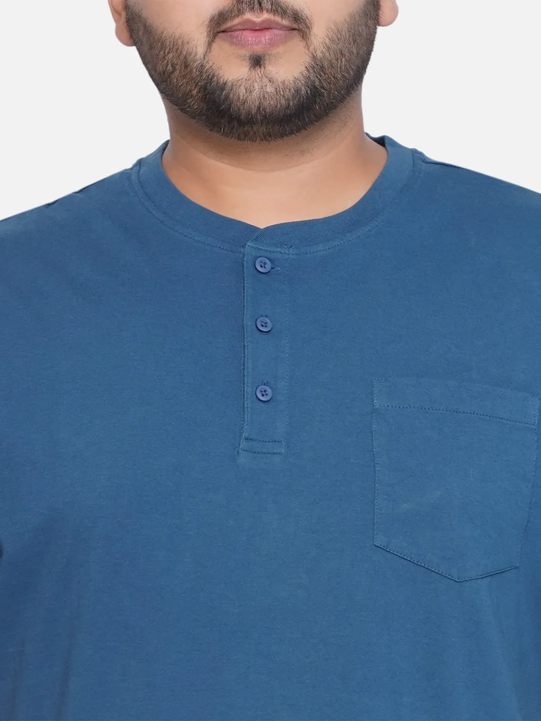 Denver Hayes - Plus Size Men's Regular Fit Pure Cotton Teal Solid Henley Neck Half Sleeve T-Shirt