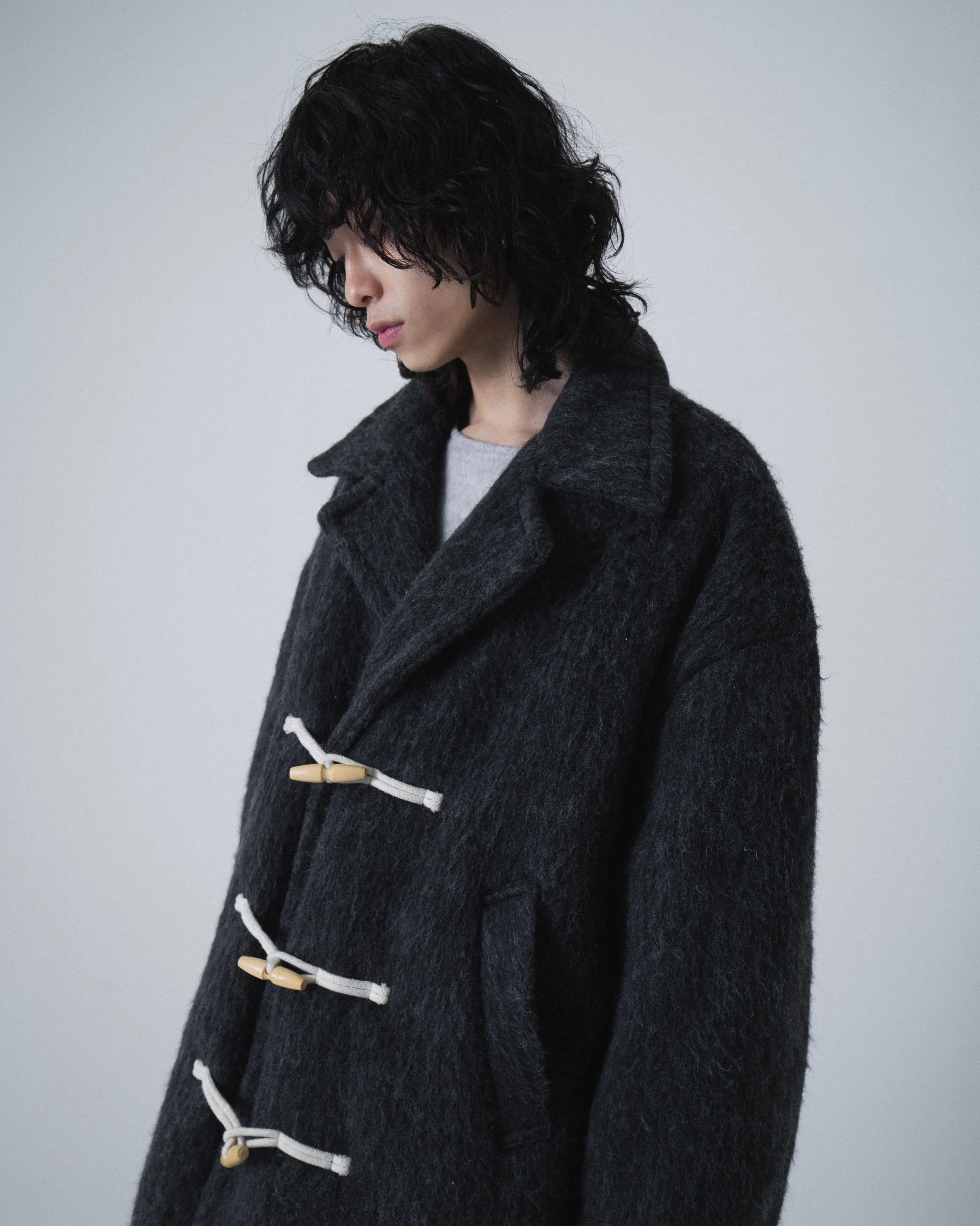 double breasted wool shaggy duffle coat