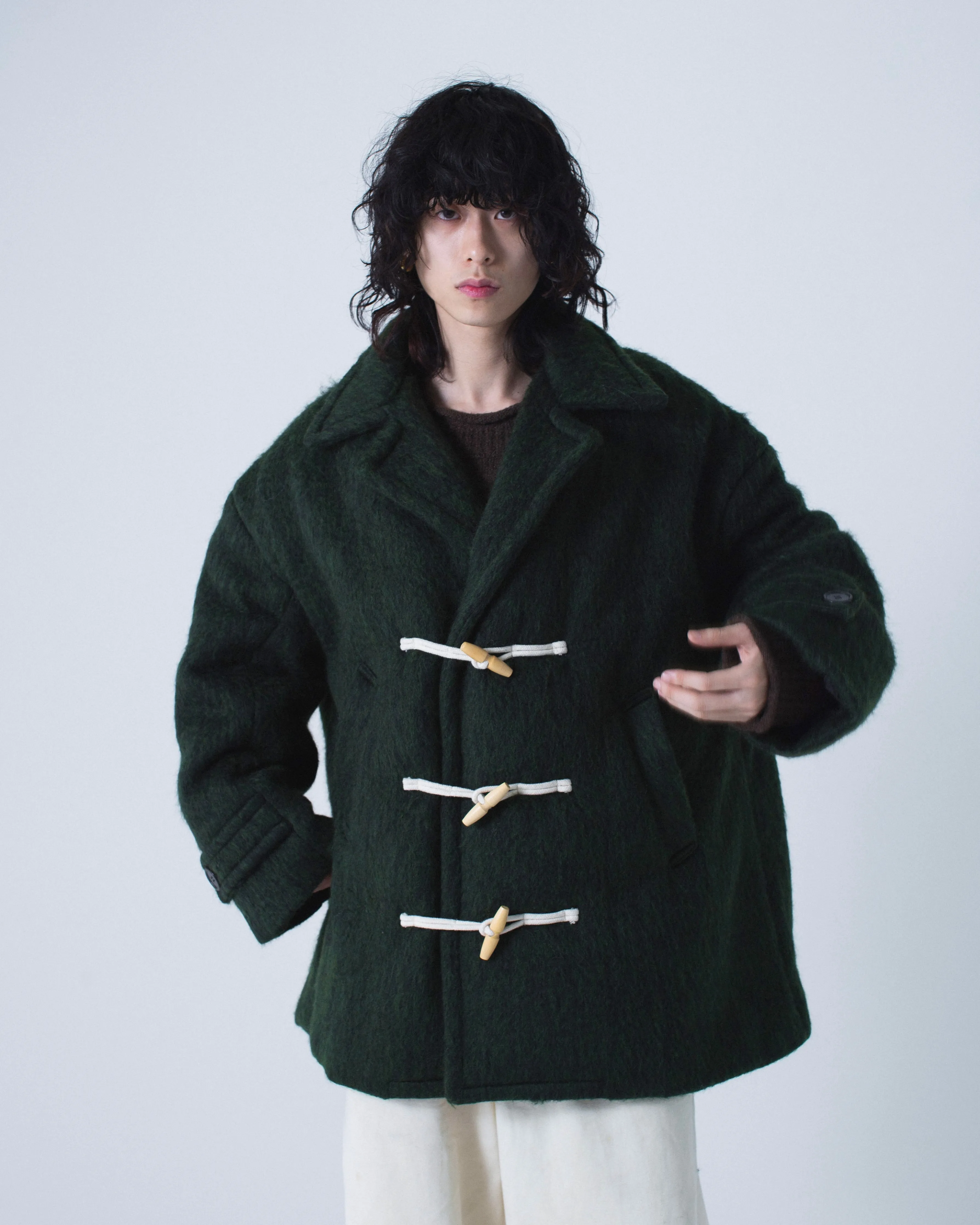double breasted wool shaggy duffle coat
