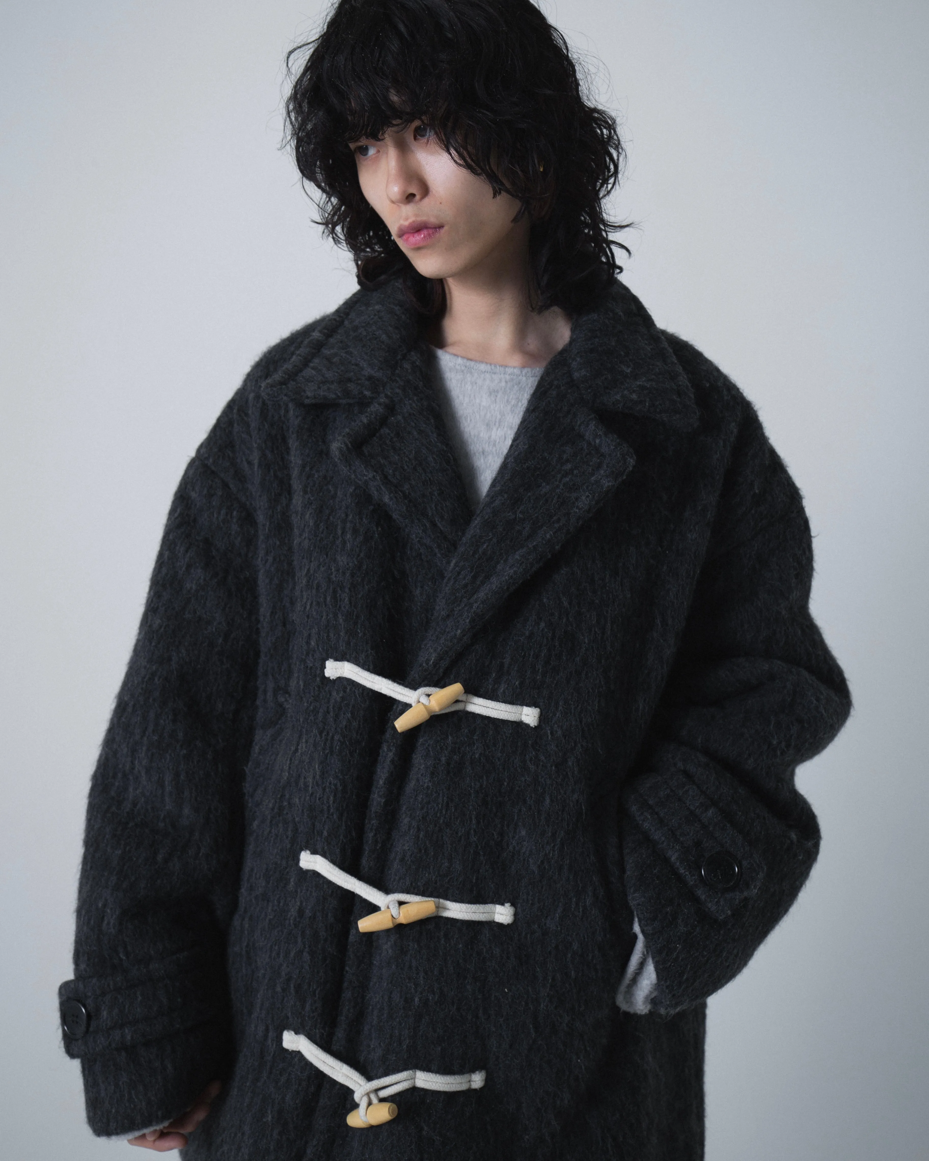 double breasted wool shaggy duffle coat