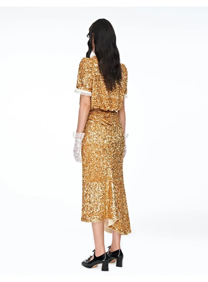 FAME gorgeous sequins beaded hand-stitched buttoned fishtail hoilday party skirt - Mei