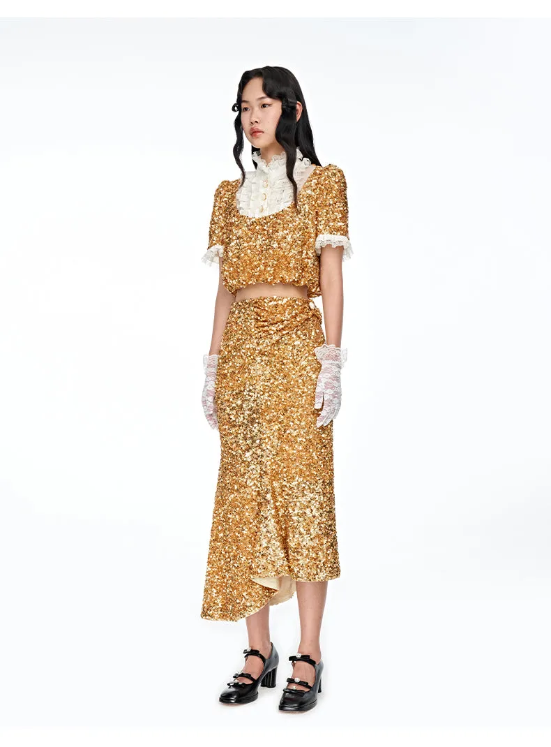 FAME gorgeous sequins beaded hand-stitched buttoned fishtail hoilday party skirt - Mei
