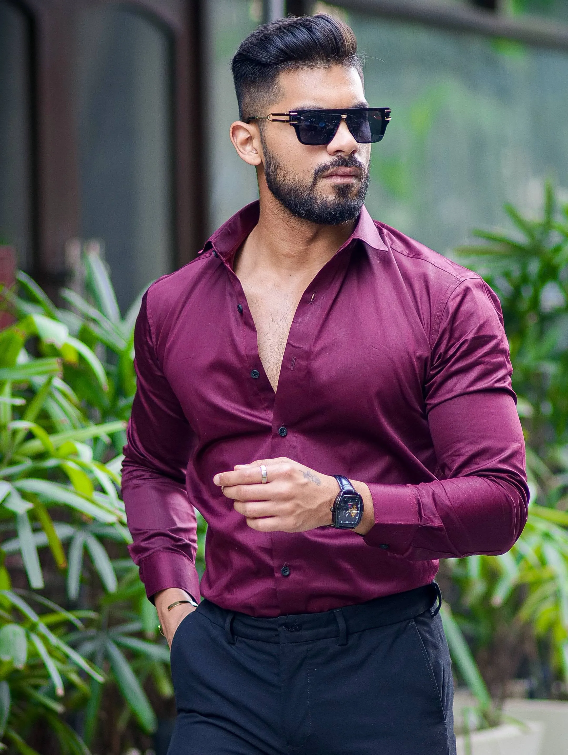 Formy Dark Wine Berry Regular Fit Luxury Satin Shirt For Men's