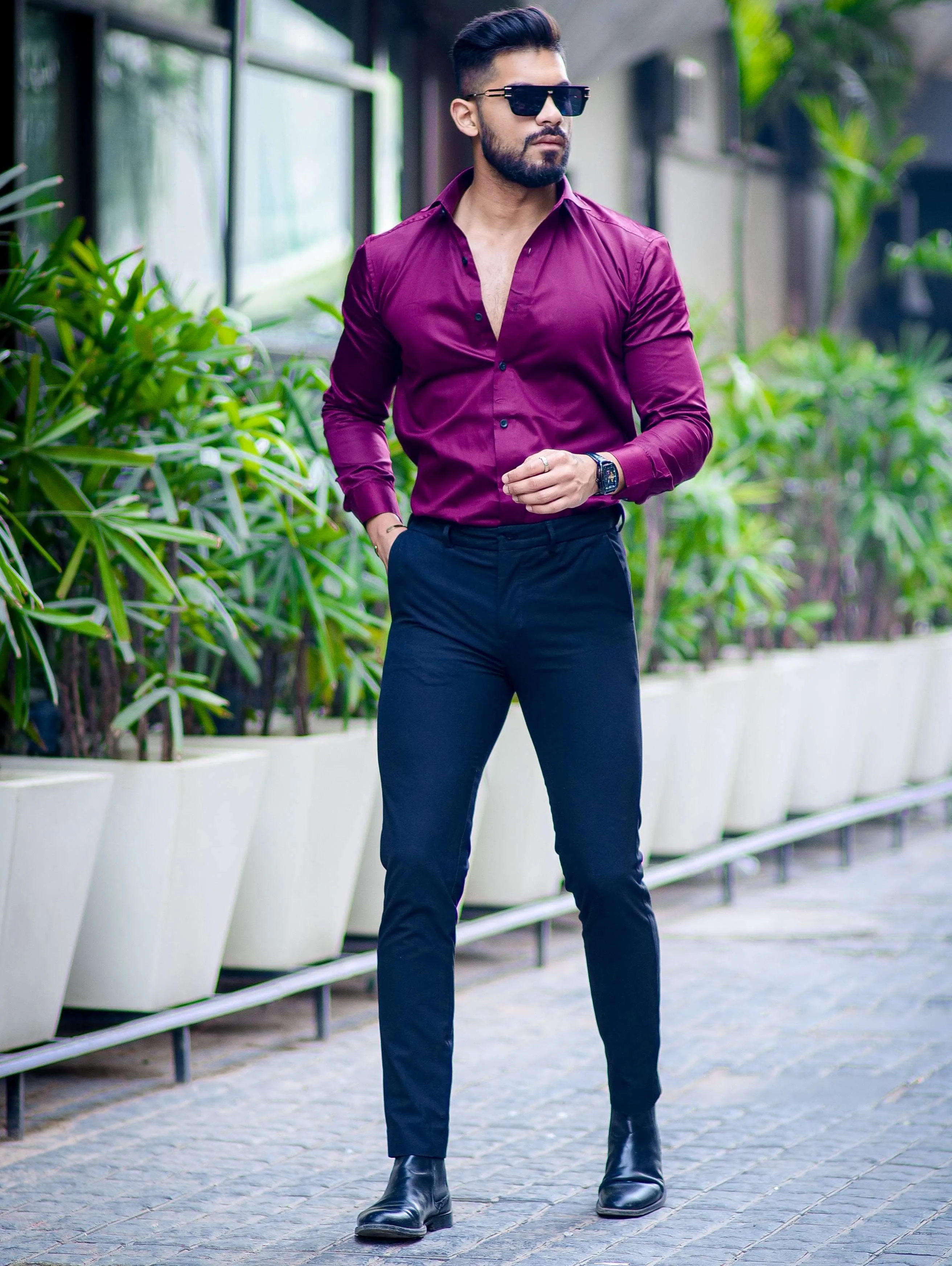 Formy Dark Wine Berry Regular Fit Luxury Satin Shirt For Men's