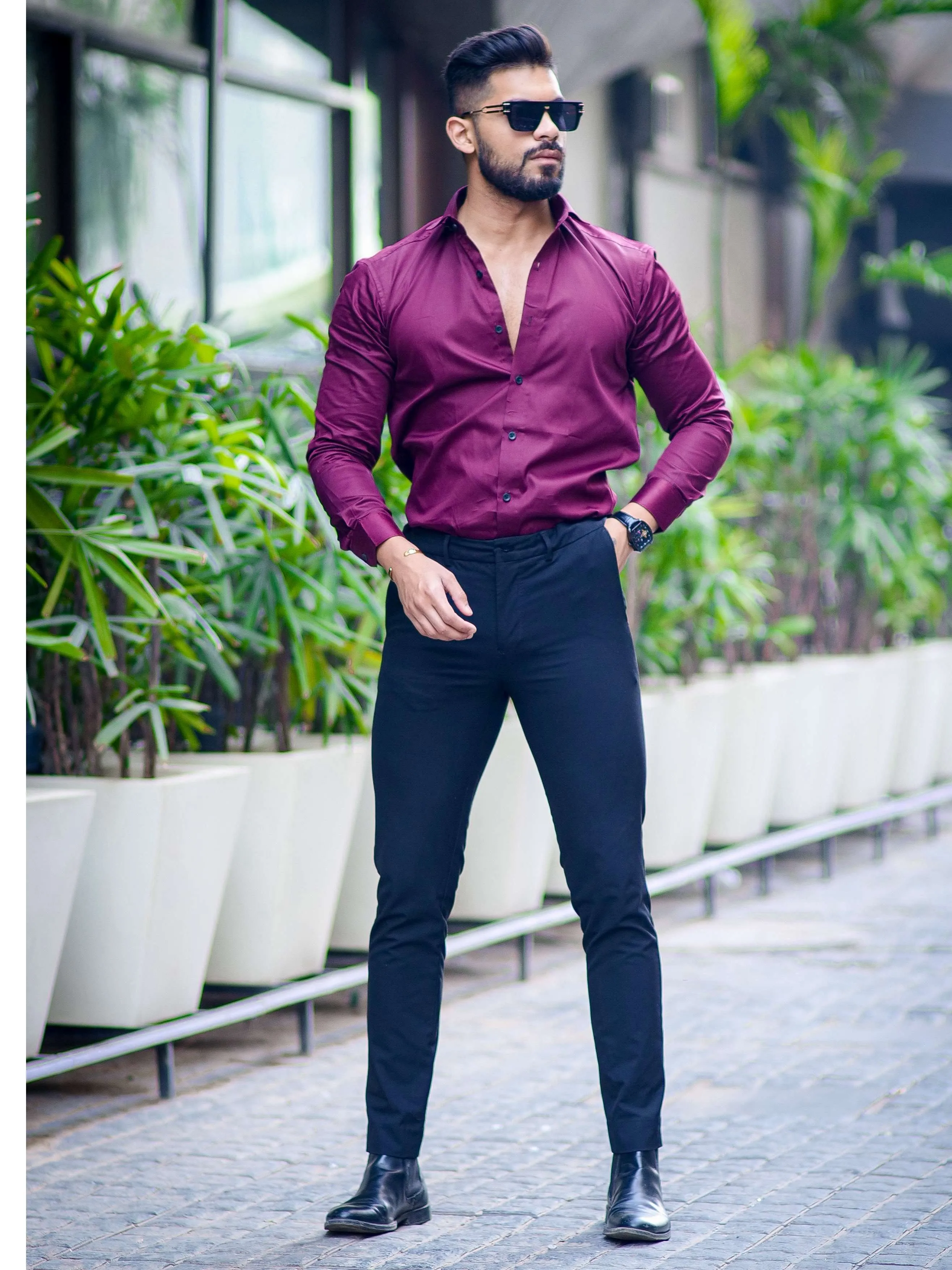 Formy Dark Wine Berry Regular Fit Luxury Satin Shirt For Men's