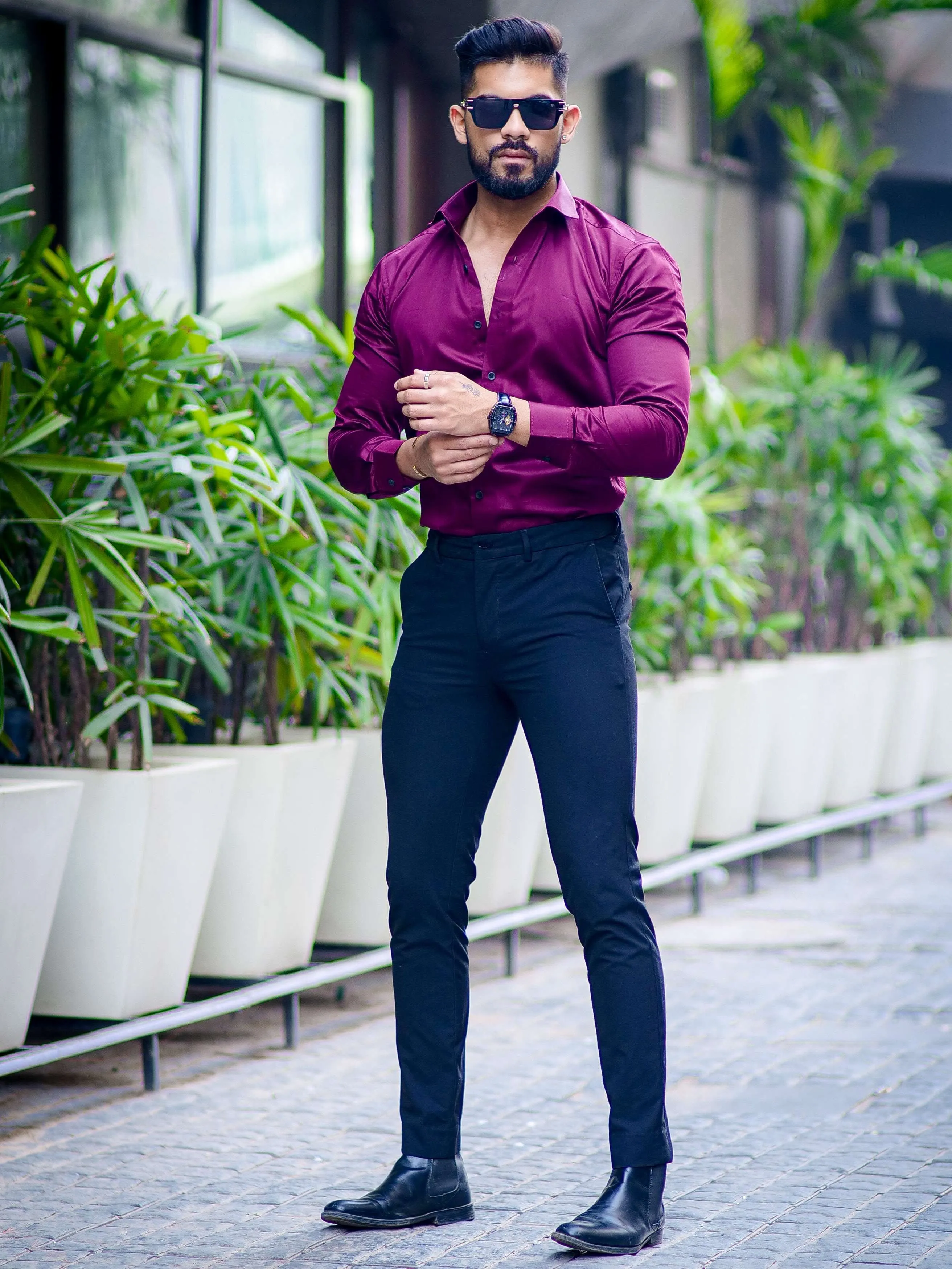 Formy Dark Wine Berry Regular Fit Luxury Satin Shirt For Men's