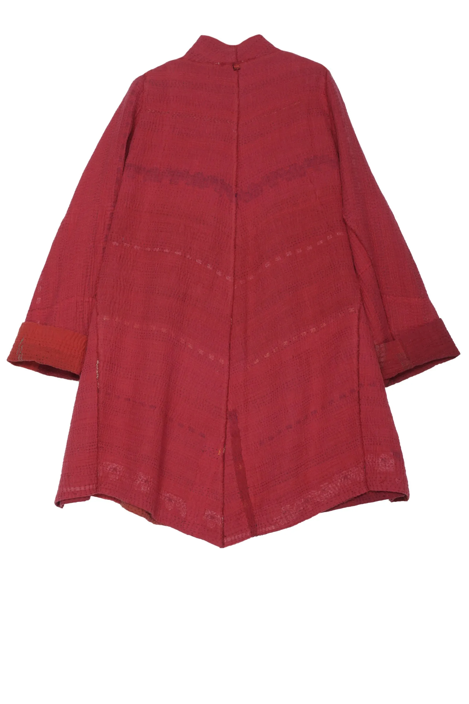 FRAYED PATCH KANTHA FUNNEL COLLAR COAT - fi4312-red -