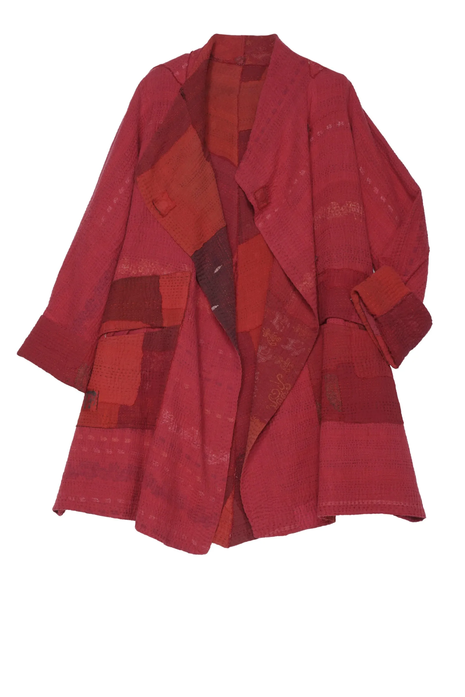 FRAYED PATCH KANTHA FUNNEL COLLAR COAT - fi4312-red -