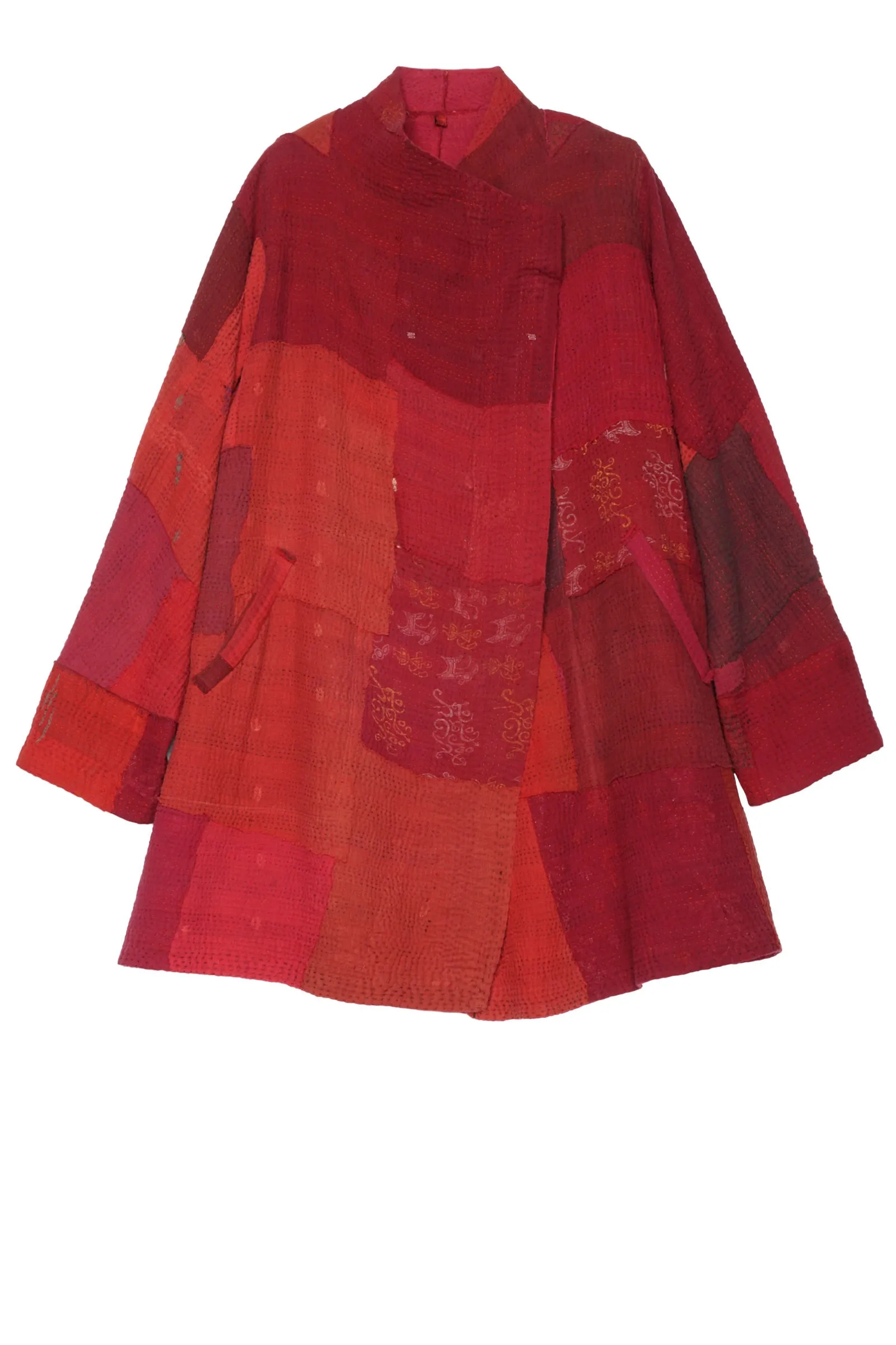 FRAYED PATCH KANTHA FUNNEL COLLAR COAT - fi4312-red -