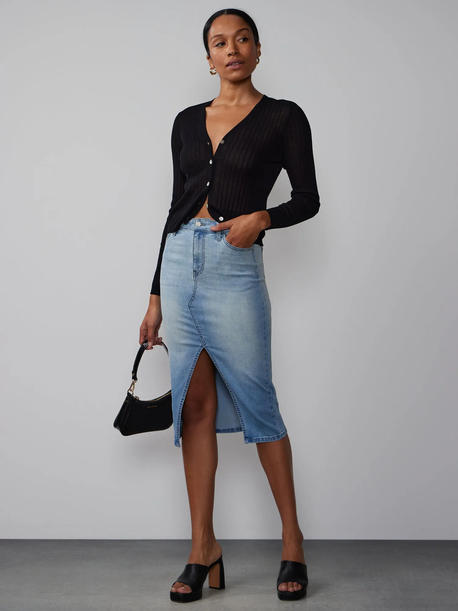 Front Split Denim Midi Skirt