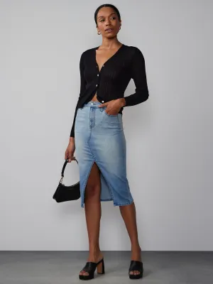 Front Split Denim Midi Skirt