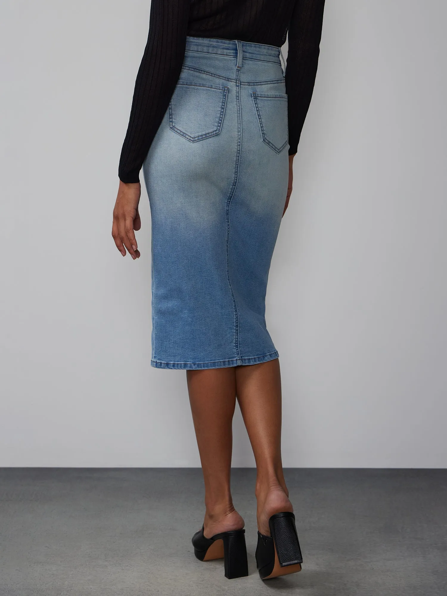 Front Split Denim Midi Skirt