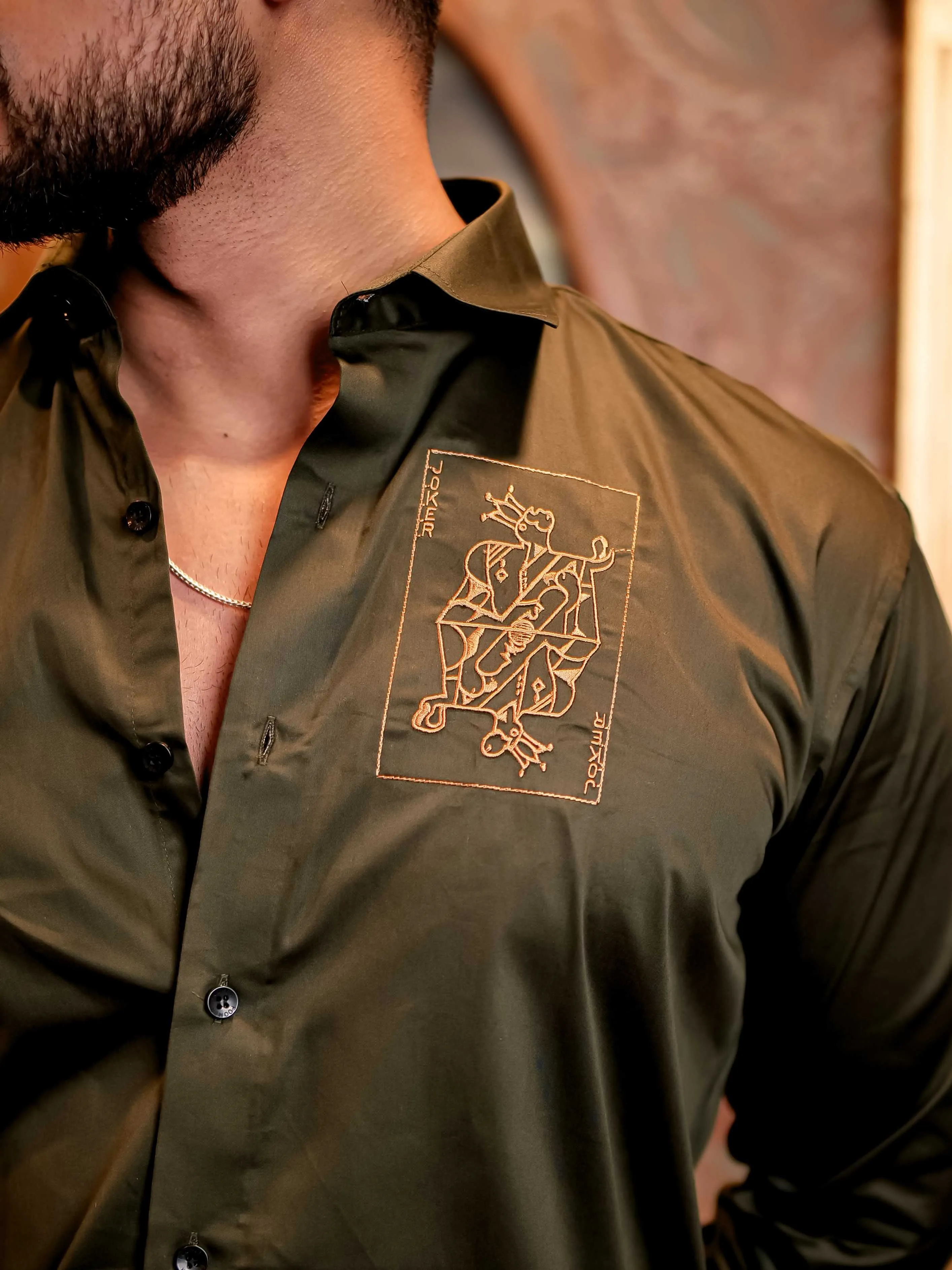 Joker Olive Green Embroidered Club Wear Satin Cotton Shirt