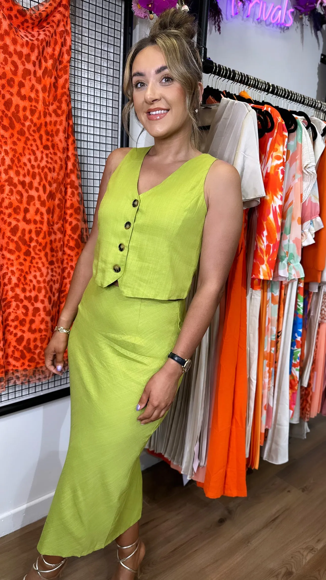 Julia Olive Green Waistcoat & Midi Skirt Co Ord