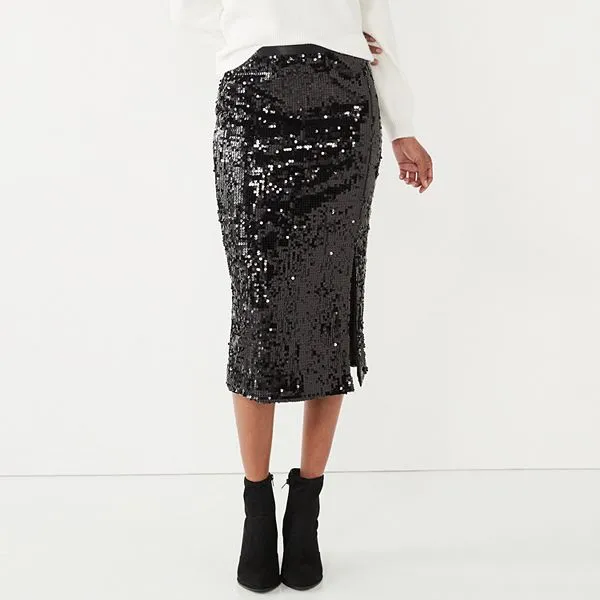 Karla Sequin Midi Skirt Black