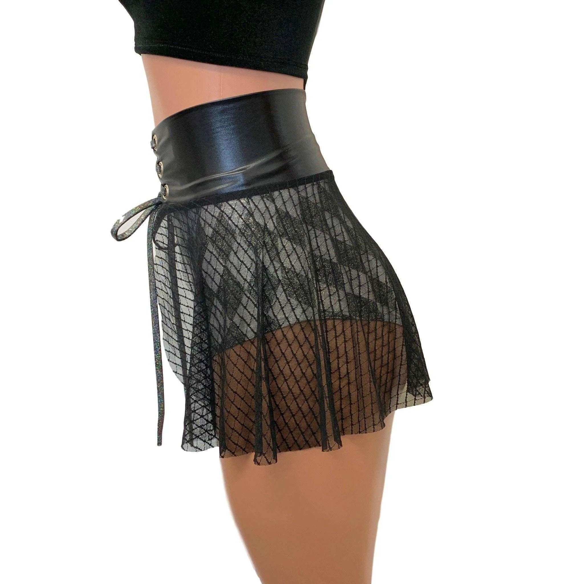 Lace-Up Corset Skirt - Black Vixen Mesh w/ Black Metallic
